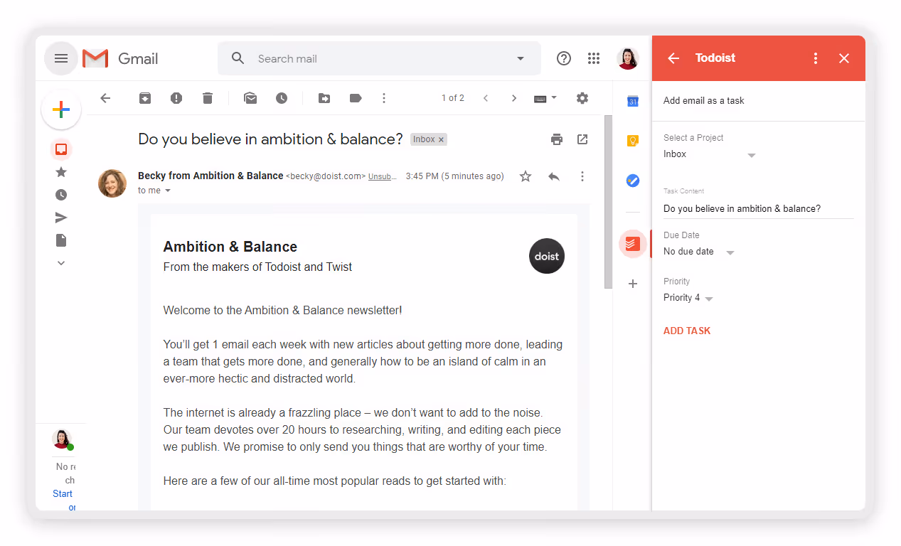 Use Gmail with the Todoist Gmail extension for effective task management