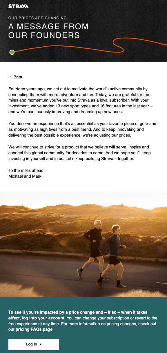 an email from Strava about raising prices