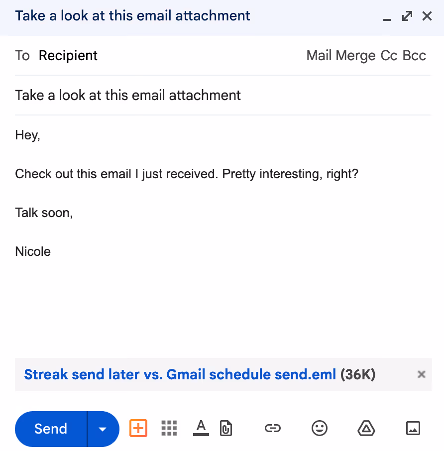 A screenshot in Gmail when forwarding attached email as an .eml file
