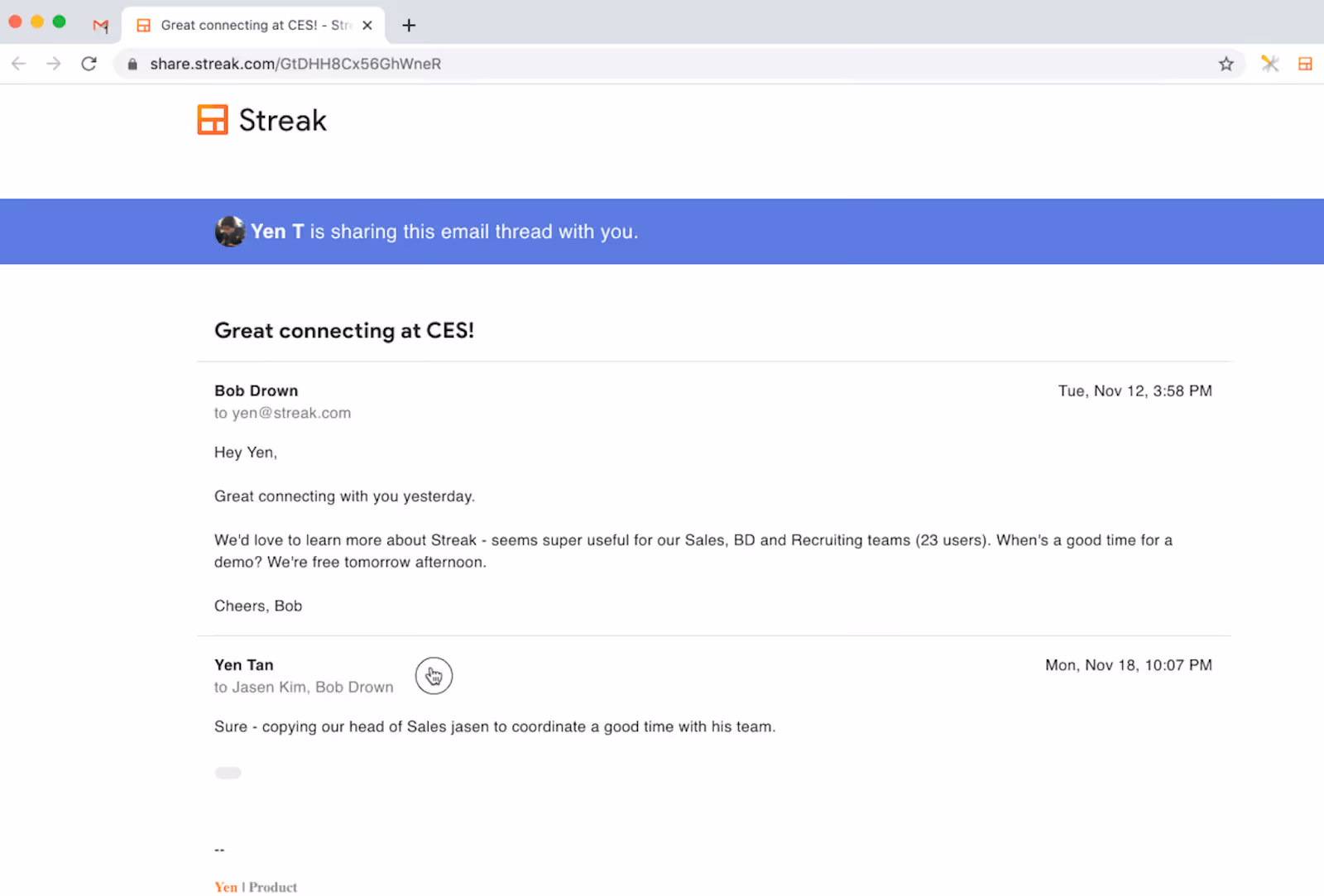 A screenshot of Streak share: view real-time updates to an email