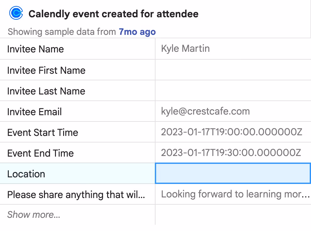 A native Streak integration with Calendly. The "location" field is highlighted.