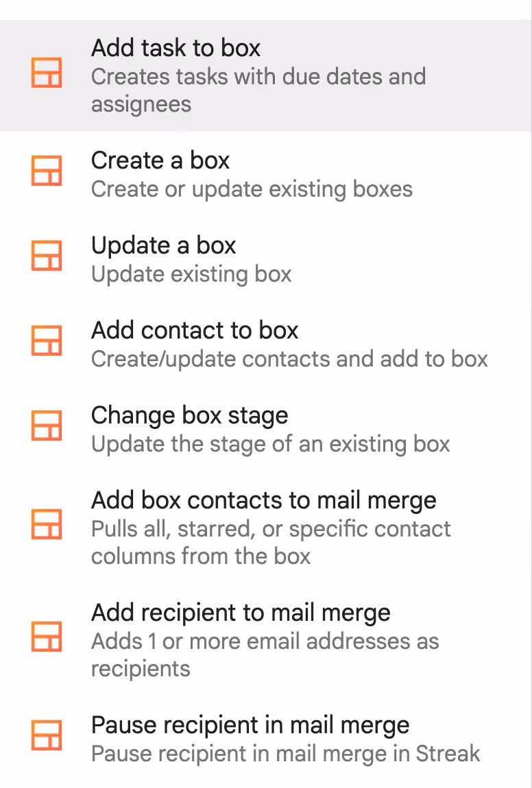 A list of streak's native CRM automation actions
