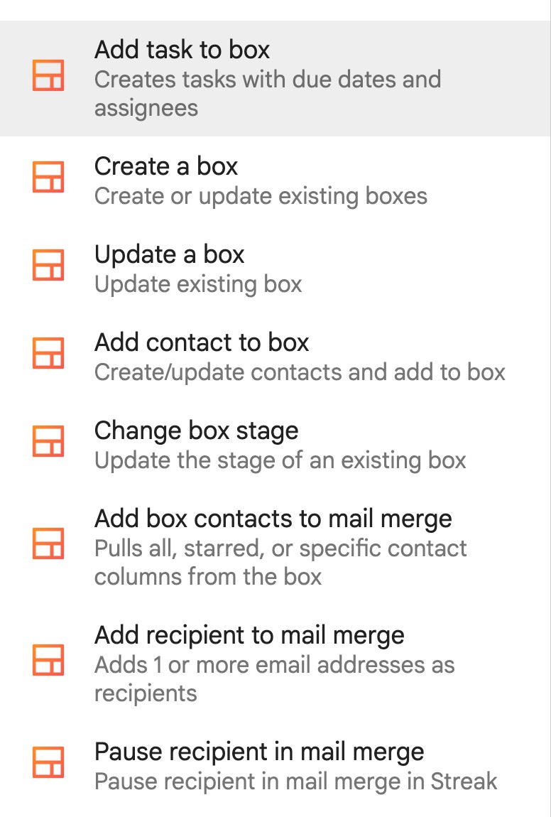 A list of streak's native CRM automation actions