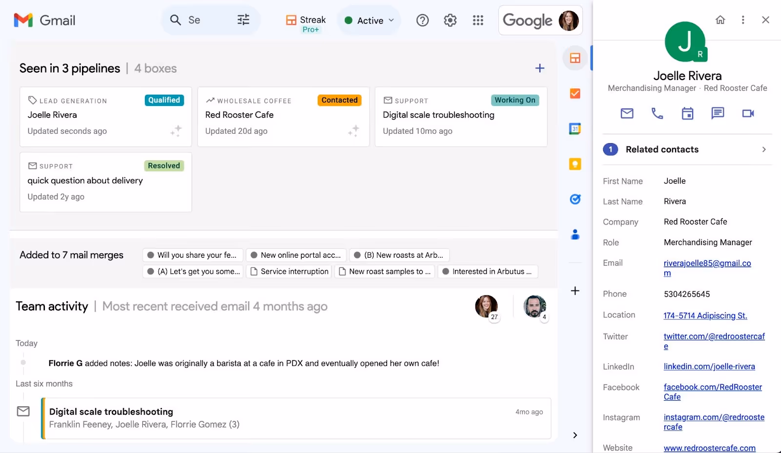 A screenshot of a Streak contact page