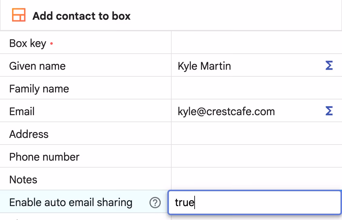 Streak "add contact to box" native automation action with the "enable auto email sharing" option highlighted