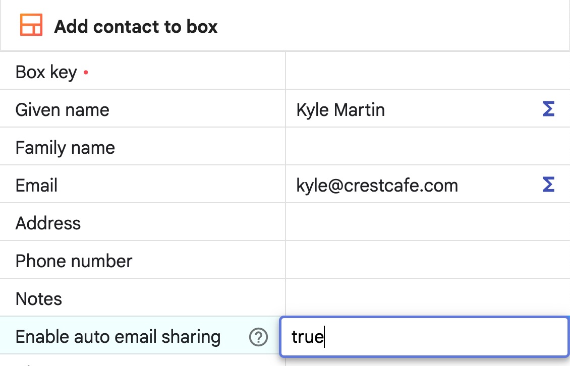 Streak "add contact to box" native automation action with the "enable auto email sharing" option highlighted