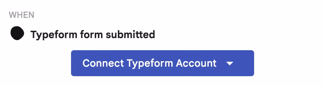 A Streak native automation trigger for Typeform with the "connect Typeform account" menu option shown.
