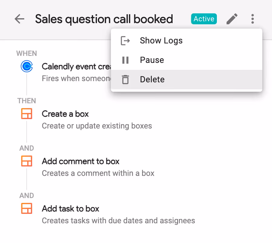 A streak native CRM automation with the "delete" option highlighted