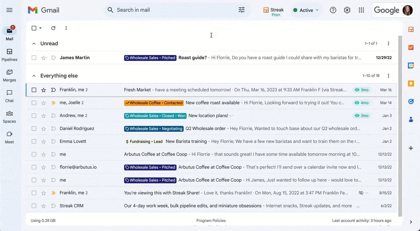 a GIF of the Streak command palette being used to open the Integrations and automation panel