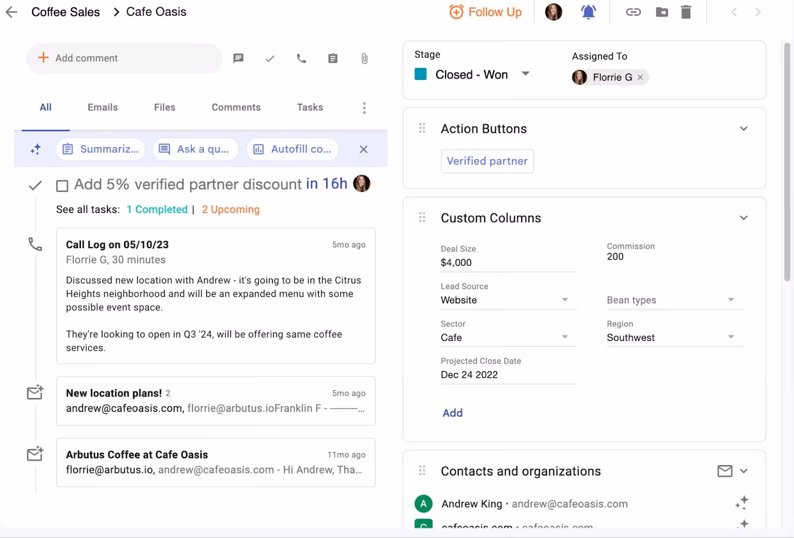 A screenshot of Streak CRM interface for "Coffee Sales > Cafe Oasis." It shows call logs, new locations, and verified partners. The right panel displays action buttons, custom columns with details like lead source and commission, and contact details for Andrew King.