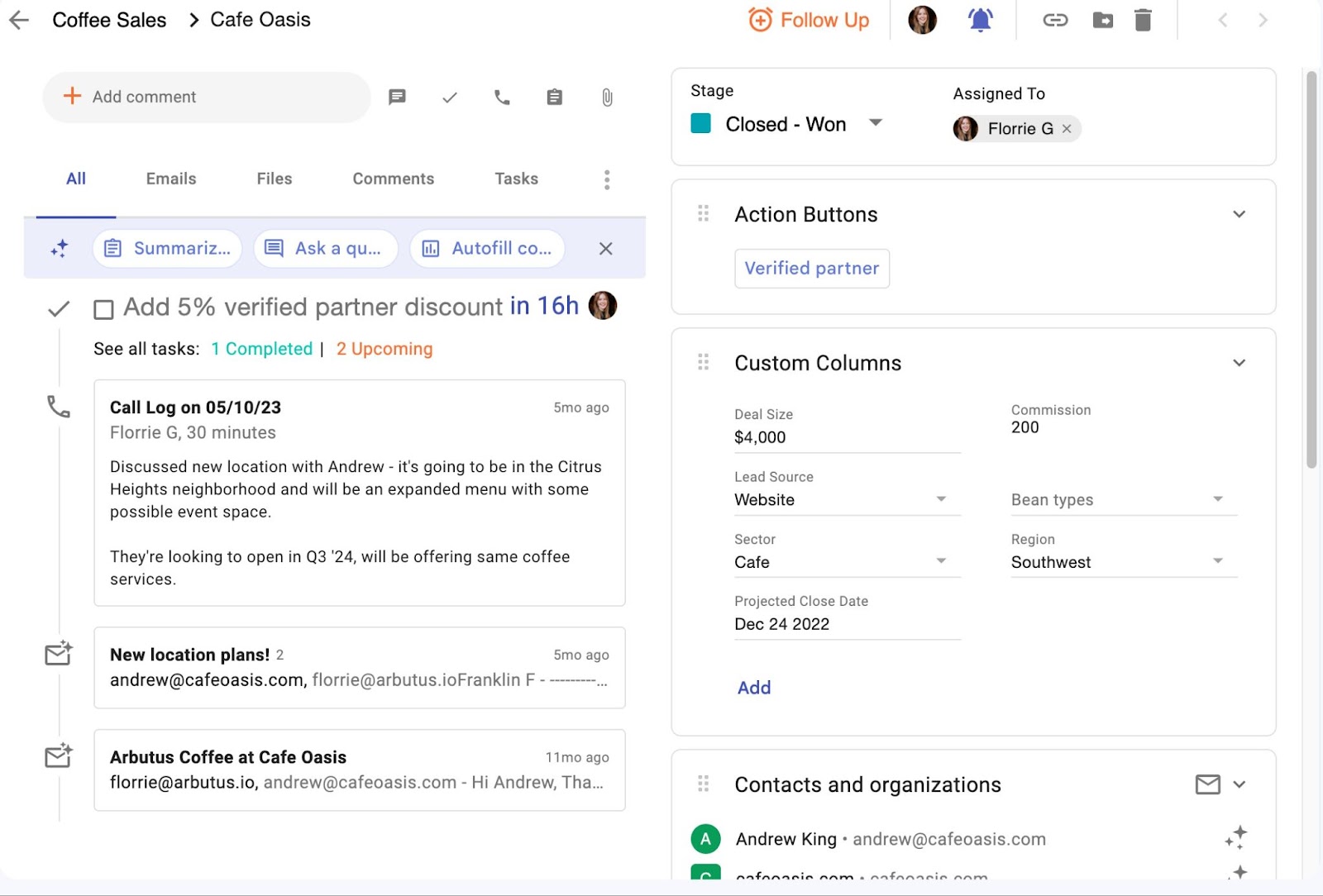 A screenshot of Streak CRM interface for "Coffee Sales > Cafe Oasis." It shows call logs, new locations, and verified partners. The right panel displays action buttons, custom columns with details like lead source and commission, and contact details for Andrew King.
