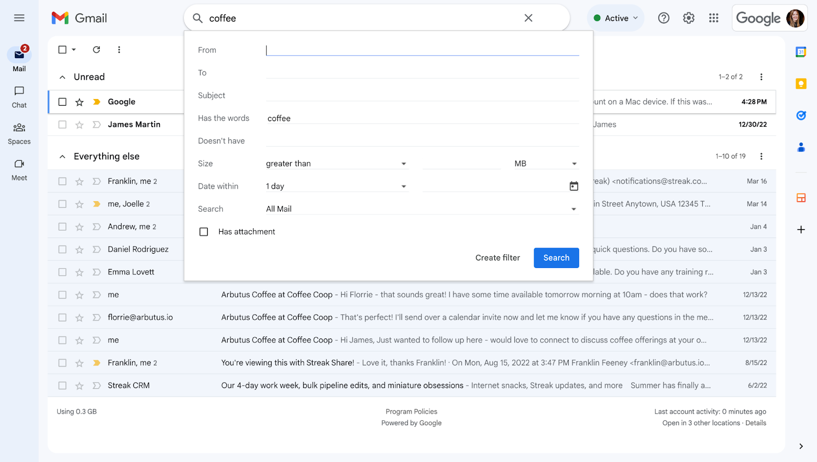 A screenshot of the Gmail inbox showing how to create a new filter or rule from the Gmail search bar