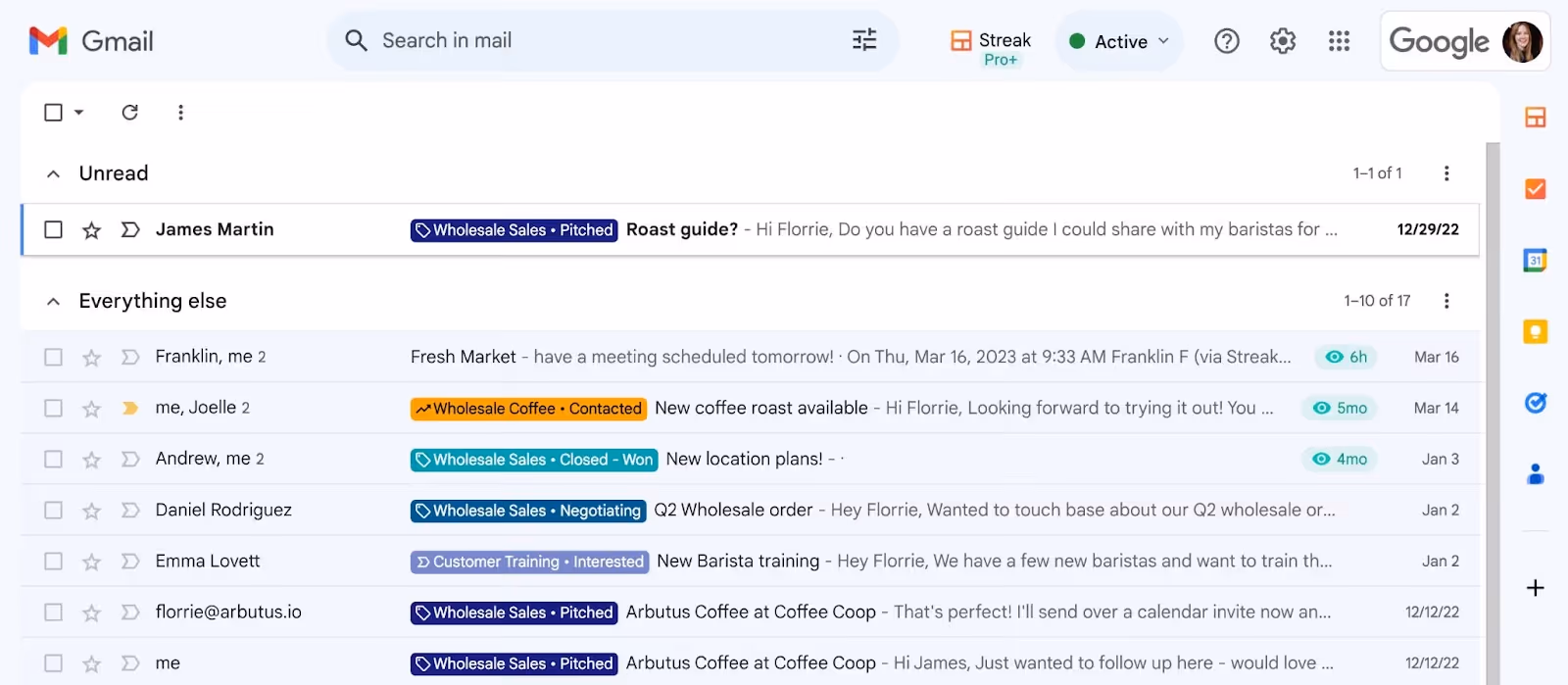 a screenshot of a Gmail inbox with Streak inbox labels