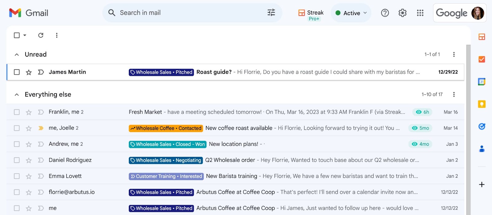 a screenshot of a Gmail inbox with Streak inbox labels