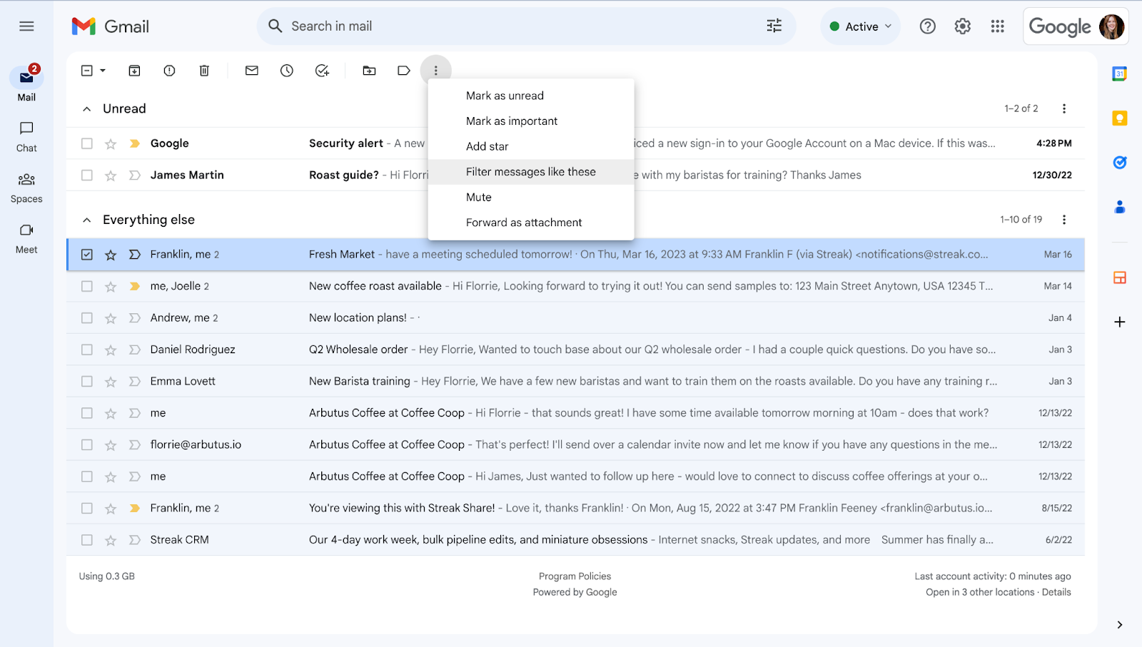 A screenshot in the Gmail inbox showing that you can select a specific email and use the menu option (after clicking the three dots) to create a filter that matches your selection