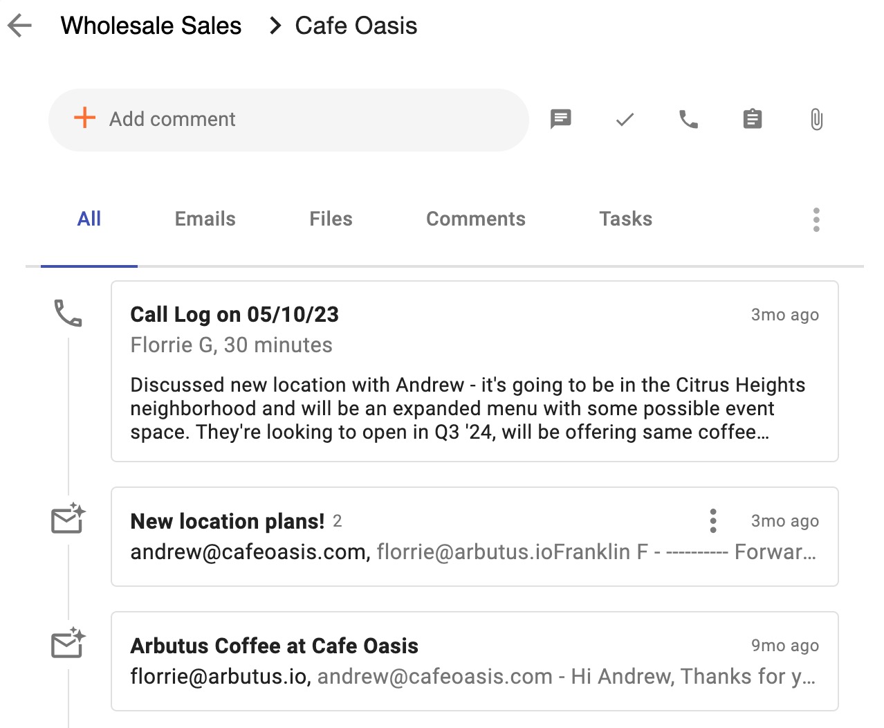 A lead in a the Streak sales pipeline with a call log and email conversations