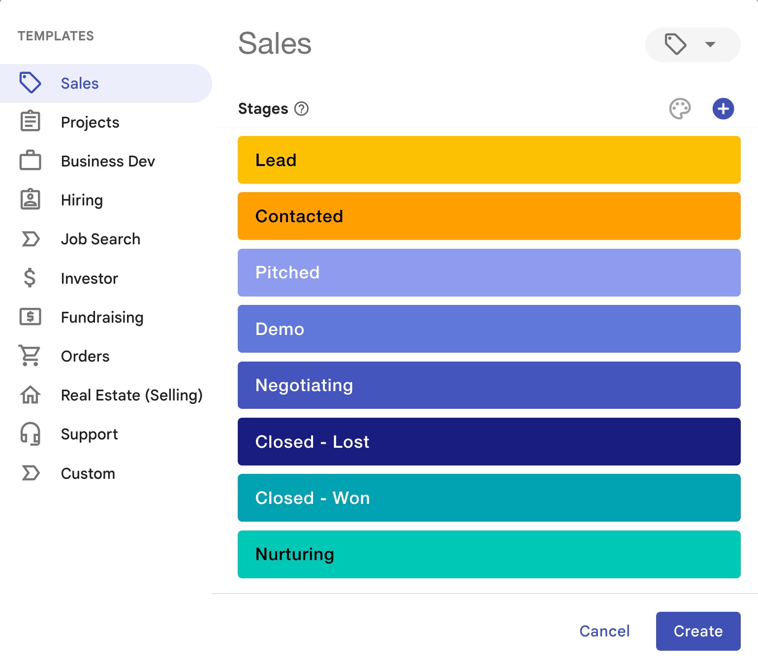 Streak's pipeline templates with a sales template being shown