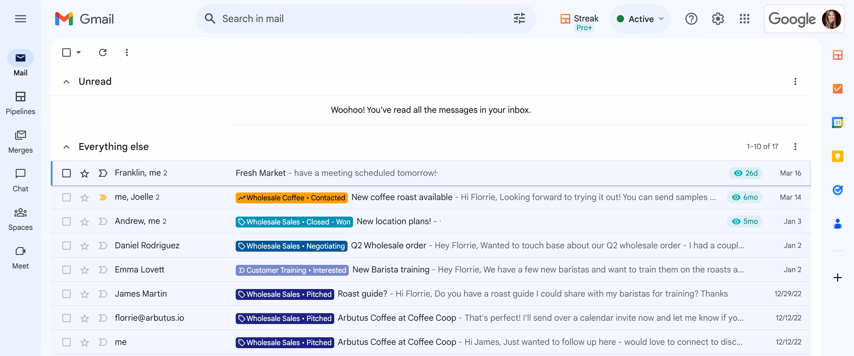 A screenshot of a Gmail inbox with Streak inbox labels