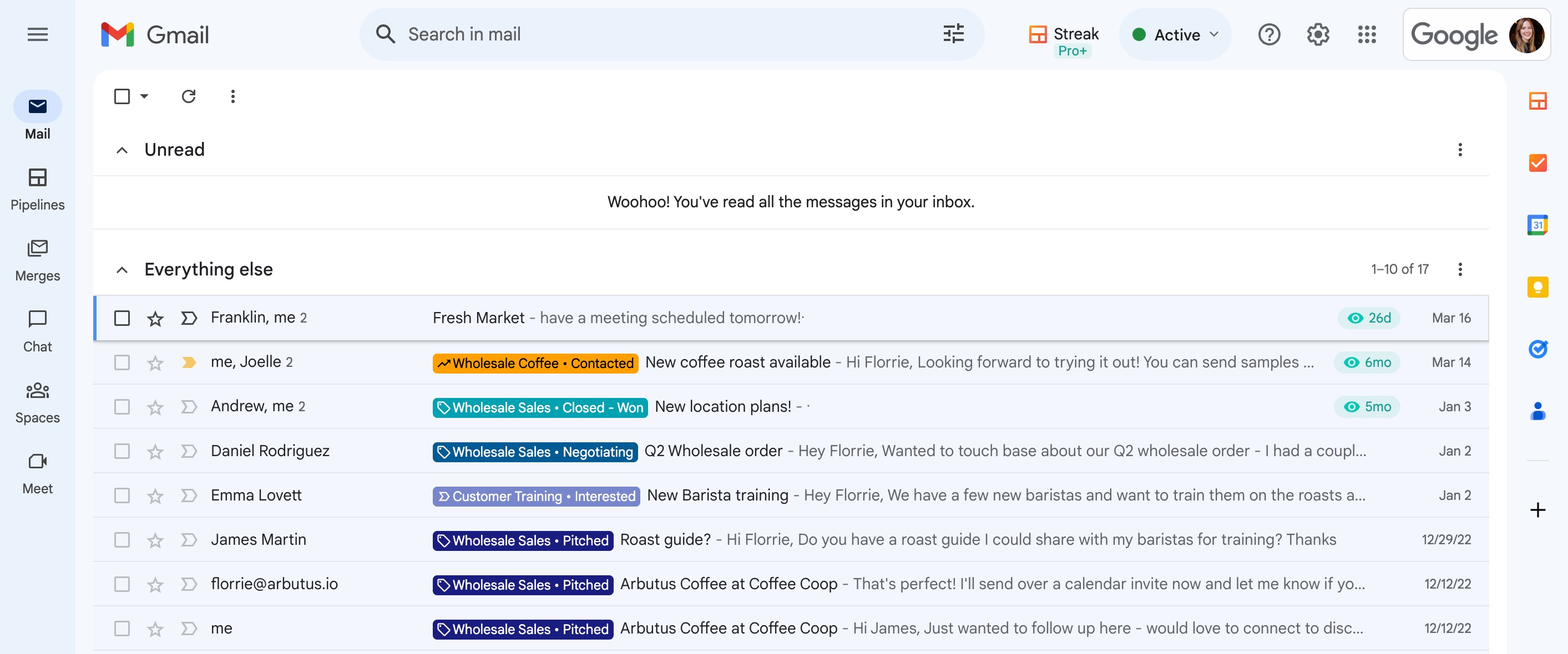 A screenshot of a Gmail inbox with Streak inbox labels