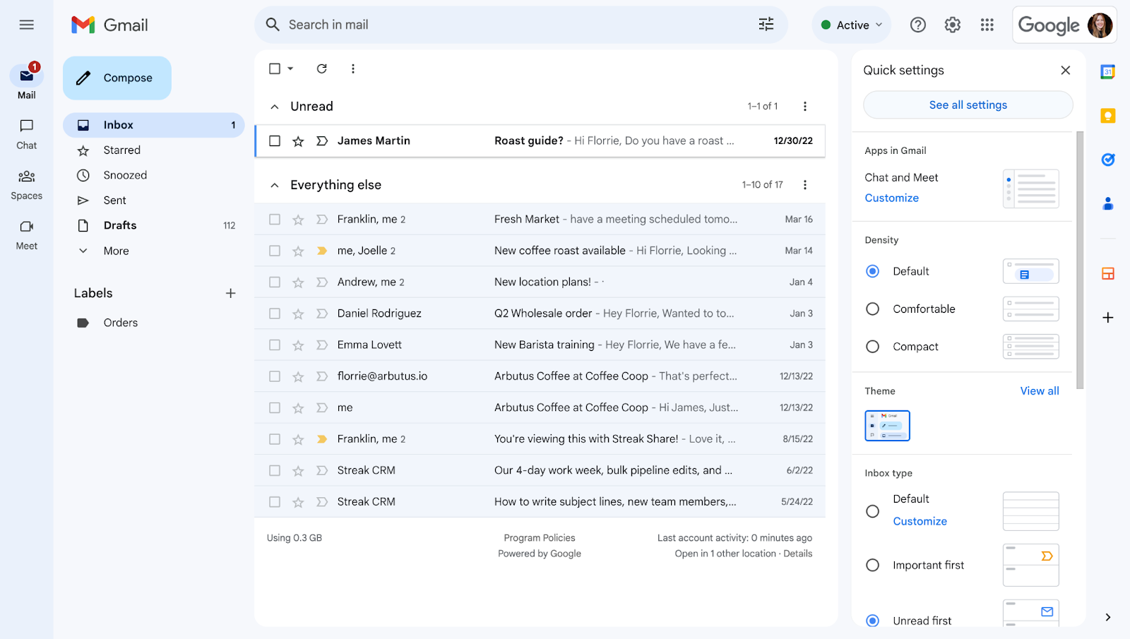 A screenshot of Gmail's formatting on a desktop showing an example of what the inbox looks like when clicking the Labels section.