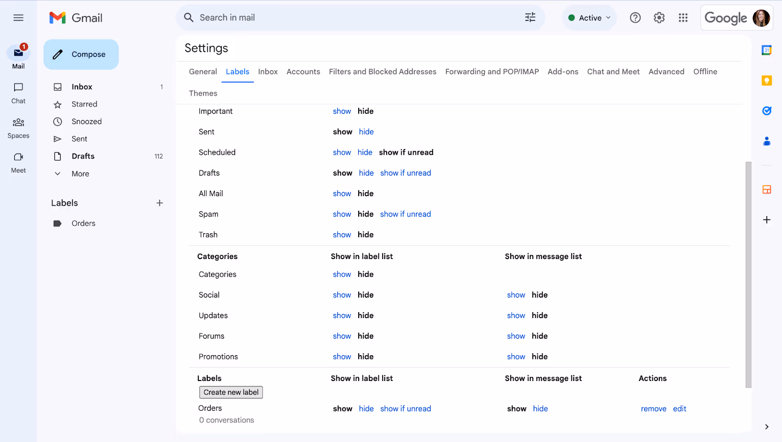 A screenshot of Gmail's formatting on a desktop showing the labels section on the settings page.