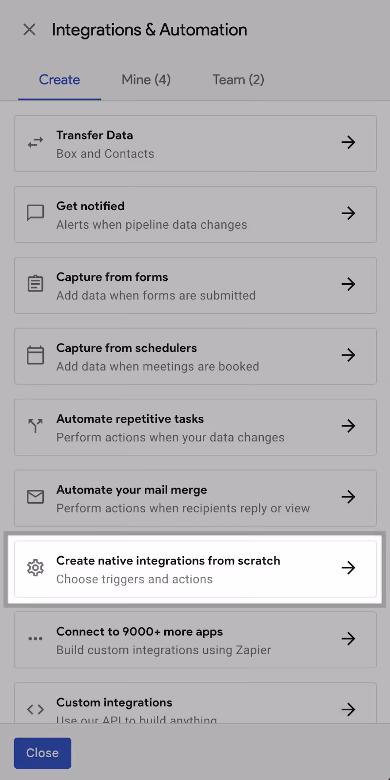 A screenshot of the Integrations and Automation menu highlighting the "Create native integrations from scratch" option