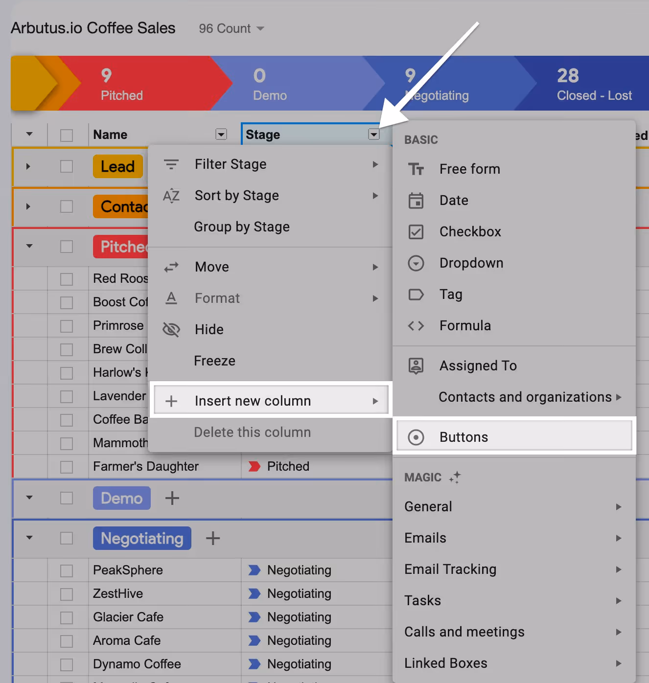 A screenshot of the Streak pipeline view highlighting the "Insert new column" and "Buttons" options