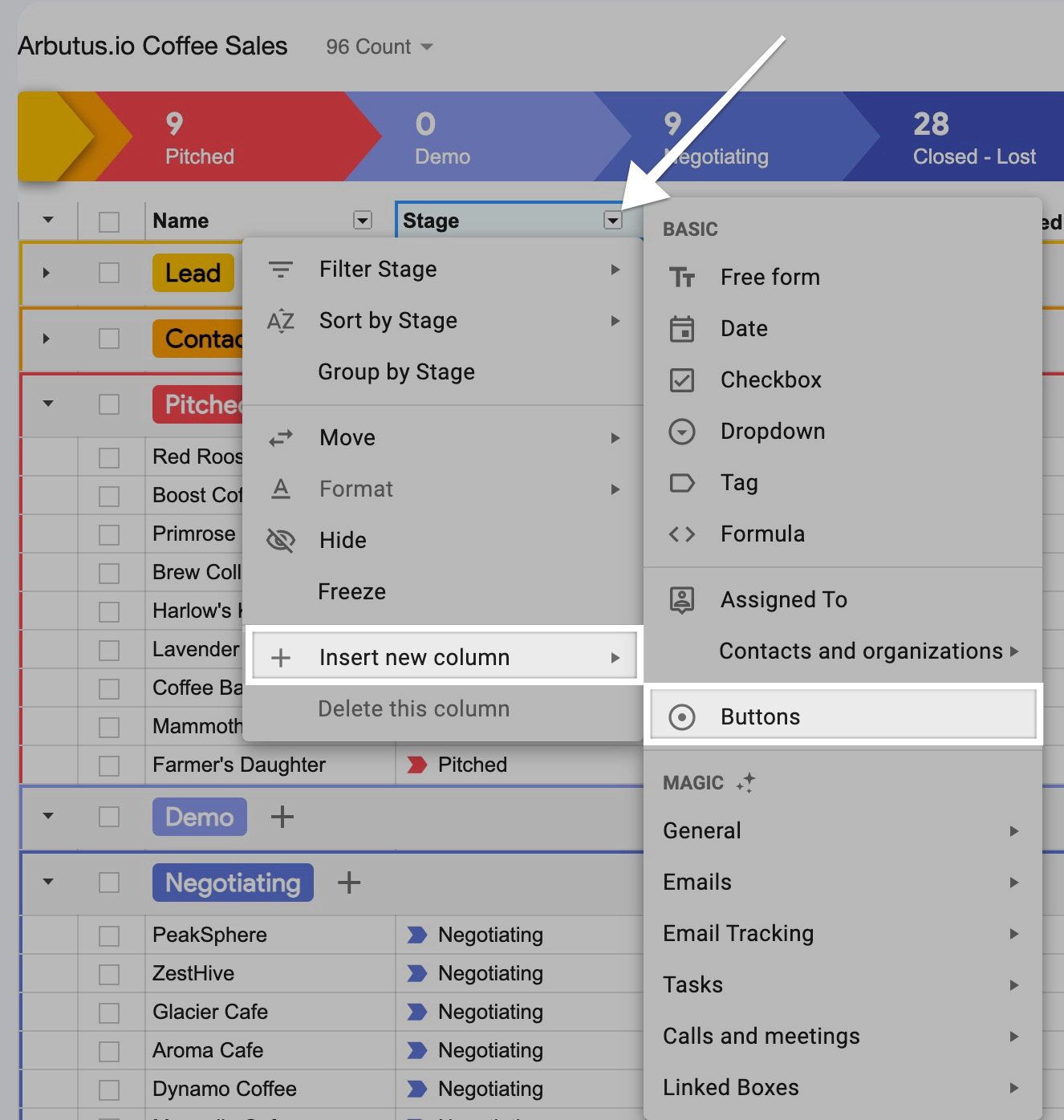 A screenshot of the Streak pipeline view highlighting the "Insert new column" and "Buttons" options