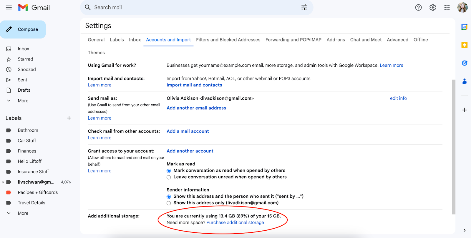 Screenshot of Accounts and Import tab within Gmail settings