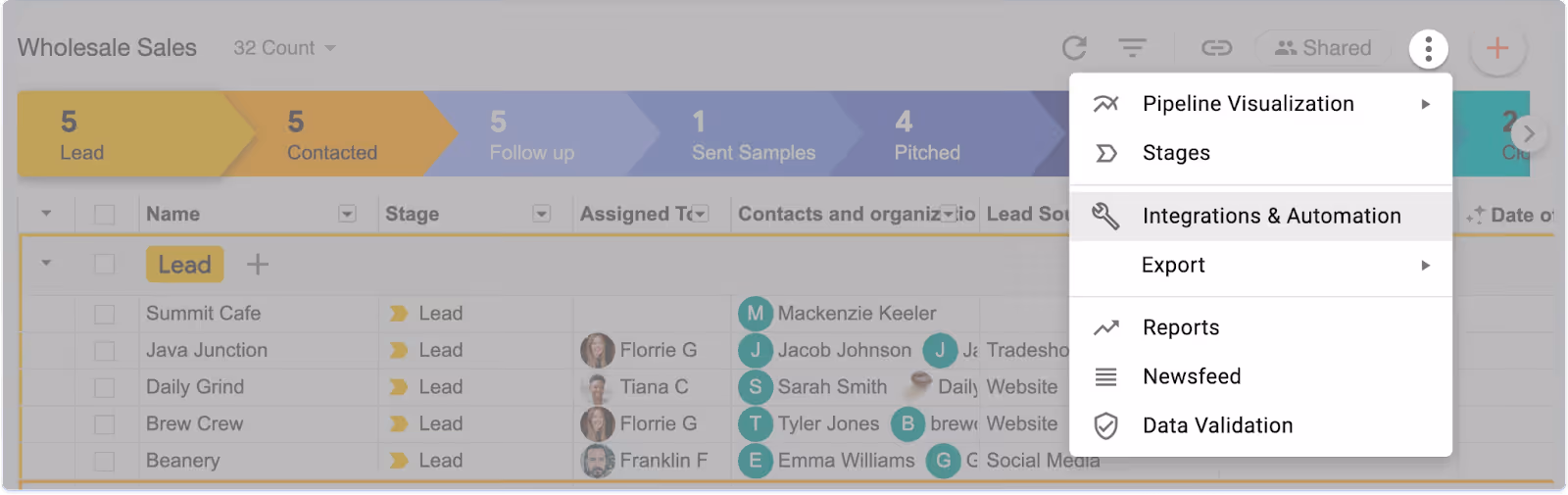 A screenshot of the Streak pipeline view showing the 3-dot menu and highlighting the Integrations and Automation option
