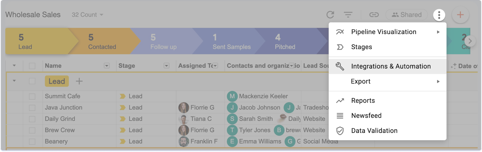 A screenshot of the Streak pipeline view showing the 3-dot menu and highlighting the Integrations and Automation option