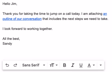 Screenshot of an email with a hyperlinked Google Doc