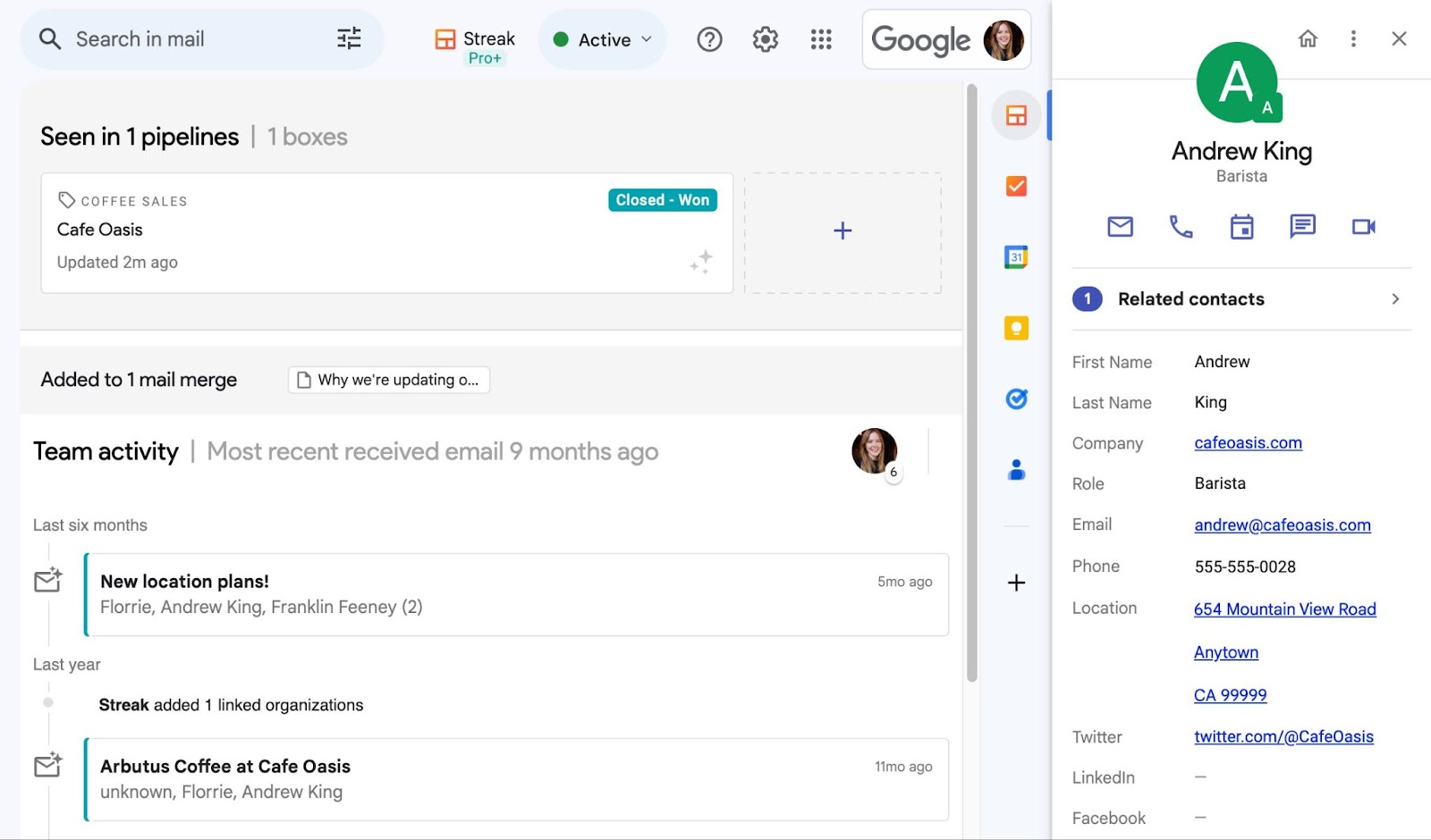 A screenshot of Streak contact management system
