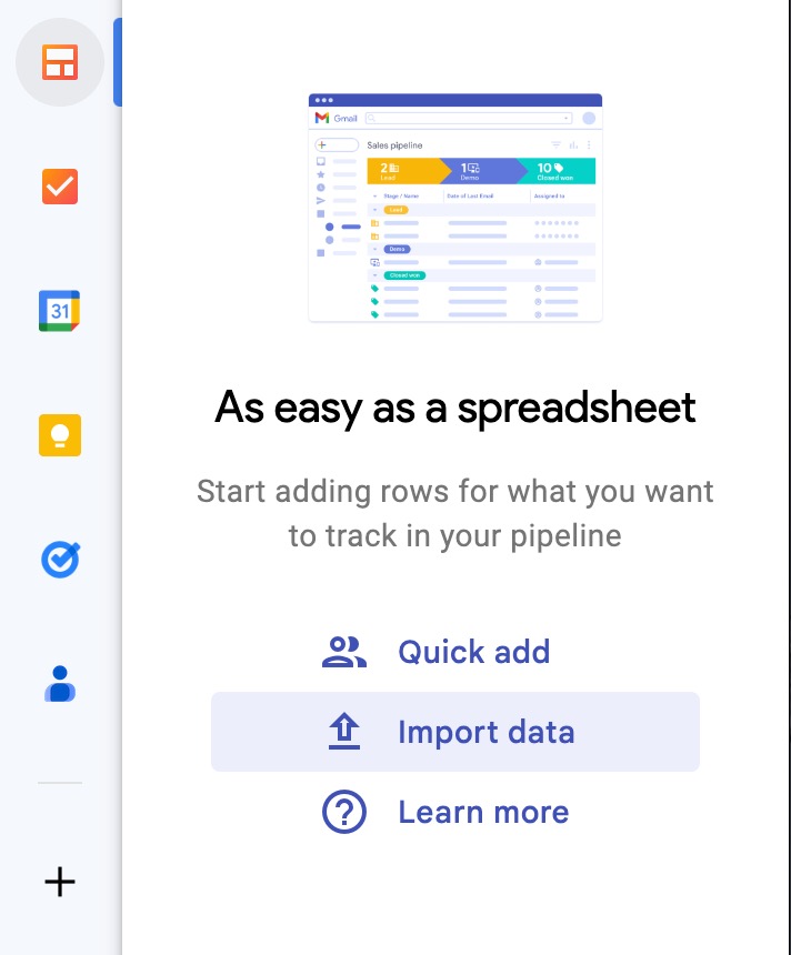 Streak sidebar in a pipeline view with the "Import data" option highlighted