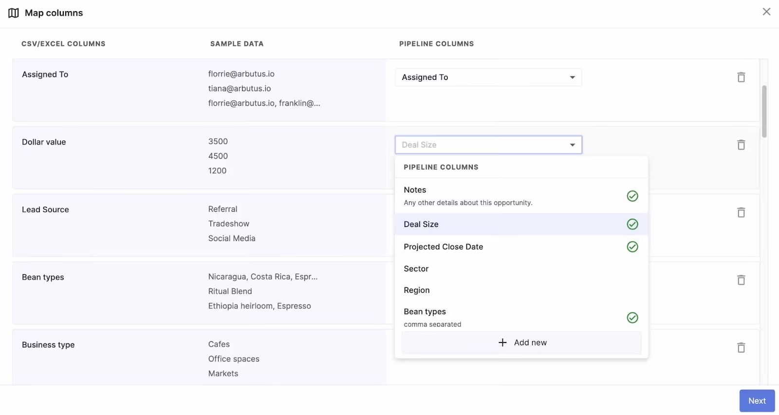 Data mapping spreadsheet columns to pipeline columns.