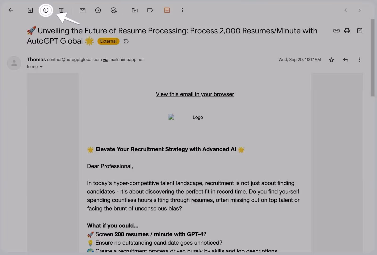 A screenshot of the email draft in Gmail including the toolbar at the top and the Report Spam icon being highlighted