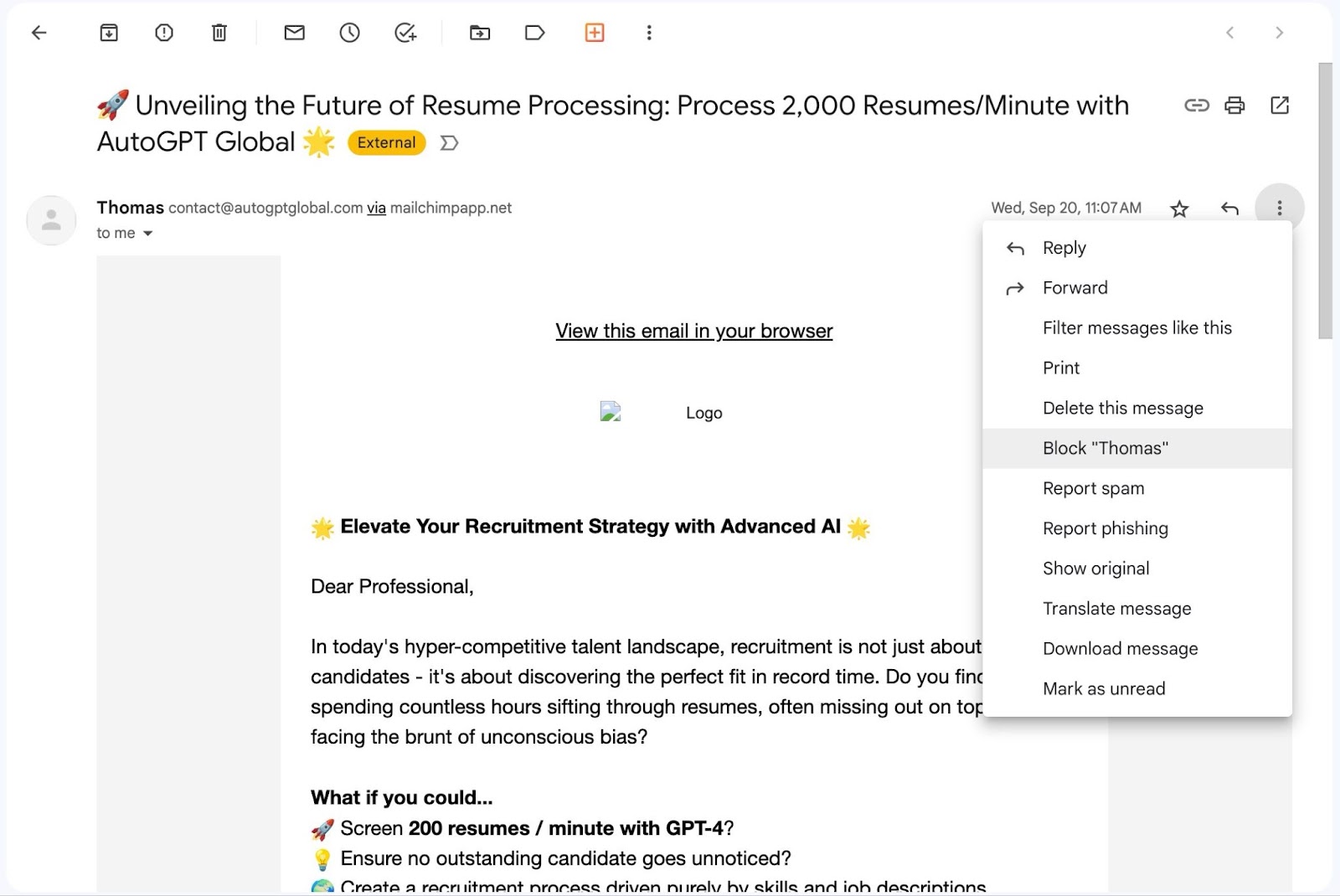 A screenshot of the email draft in Gmail displaying the dropdown menu when you click the three dots at the upper right corner, with the "Block [sender's name]" highlighted