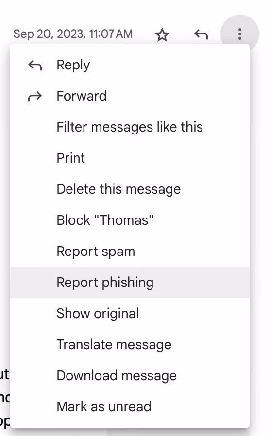 A screenshot of Gmail more menu in email thread highlighting the "Report phishing" function