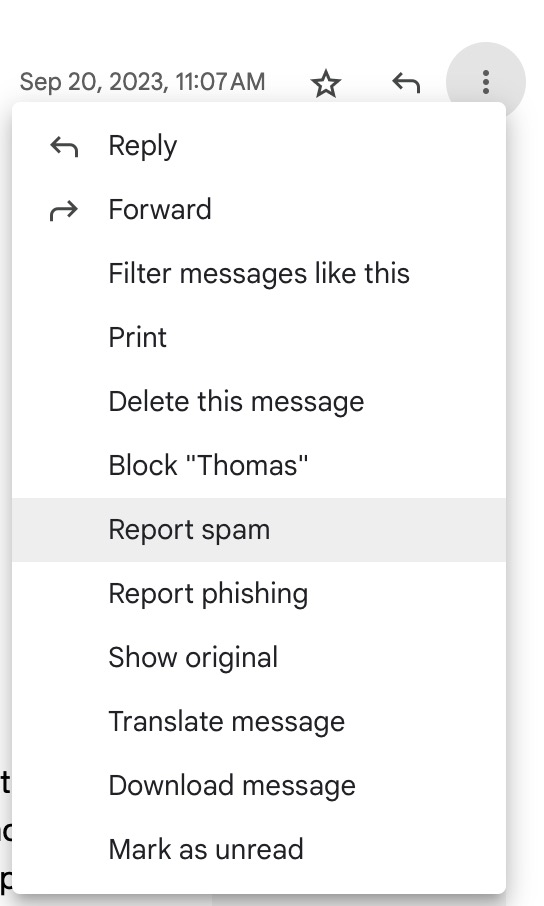 A screenshot of the drop down menu/ More menu in the email thread where you can see the "Report spam" function