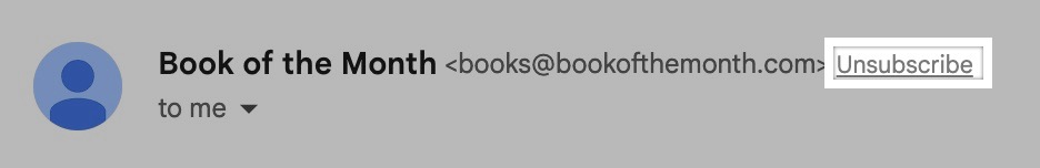 A screenshot of the top portion of the commercial email highlighting the unsubscribe option next to the sender's name