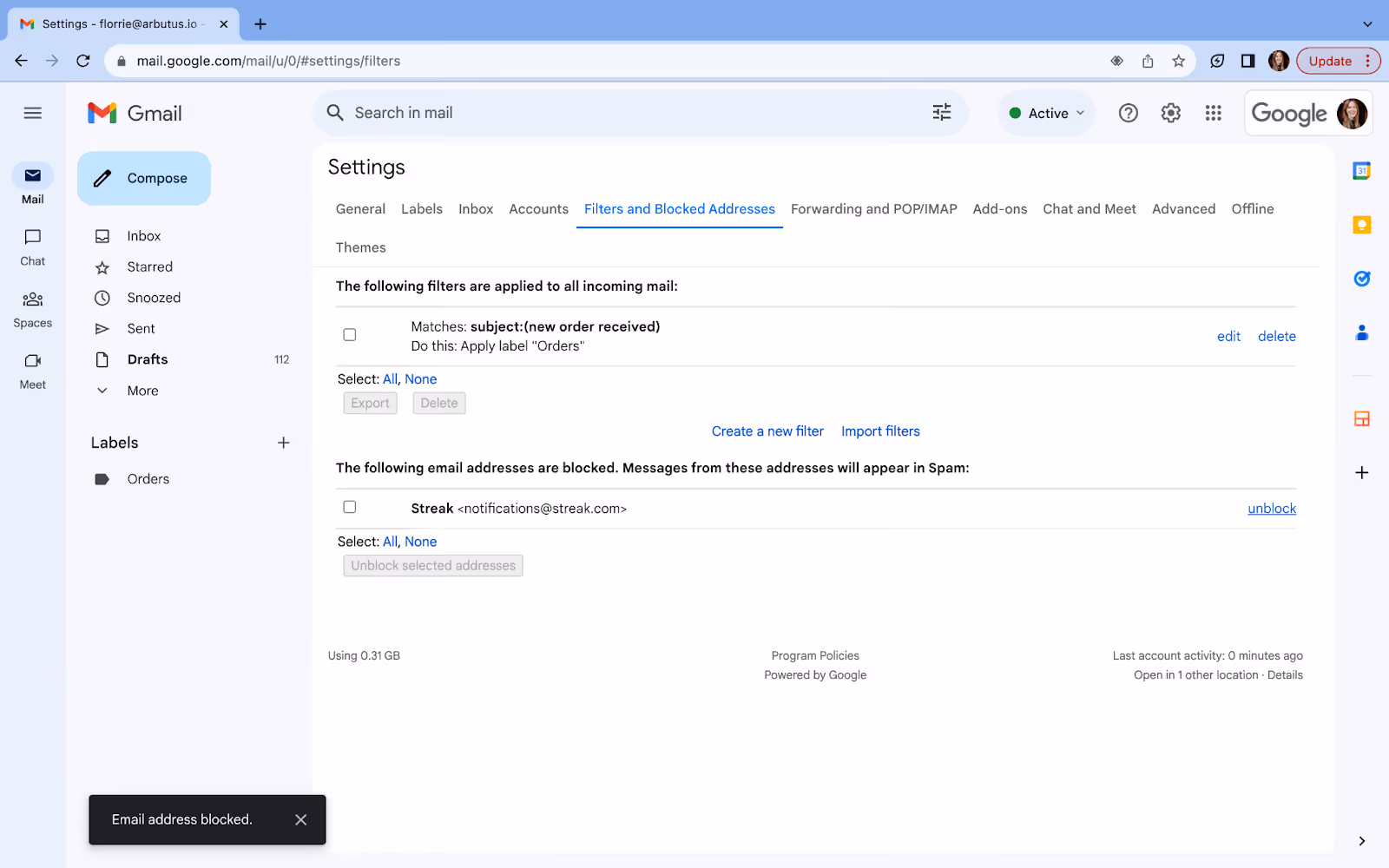 A screenshot of Gmail Settings displaying the Filters and Blocked Addresses