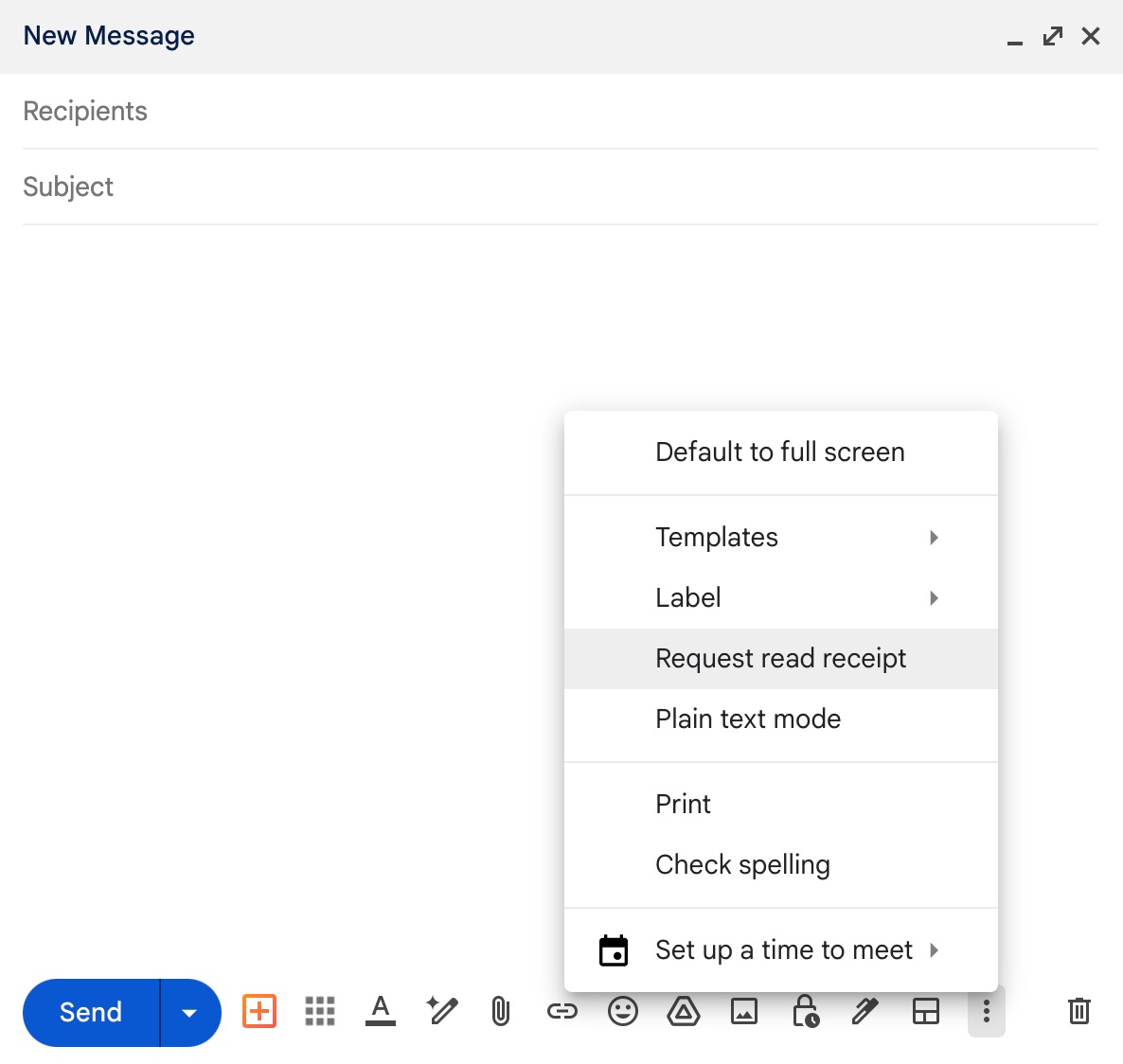 a screenshot showing a gmail compose window with the "request read receipt" option highlighted