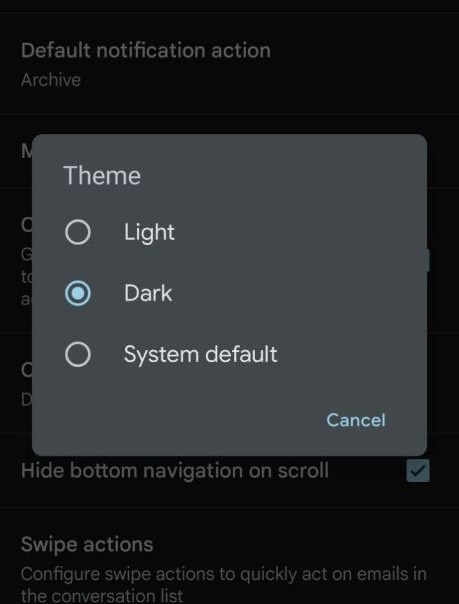 A screenshot of the options available while choosing Dark mode for Gmail on Android