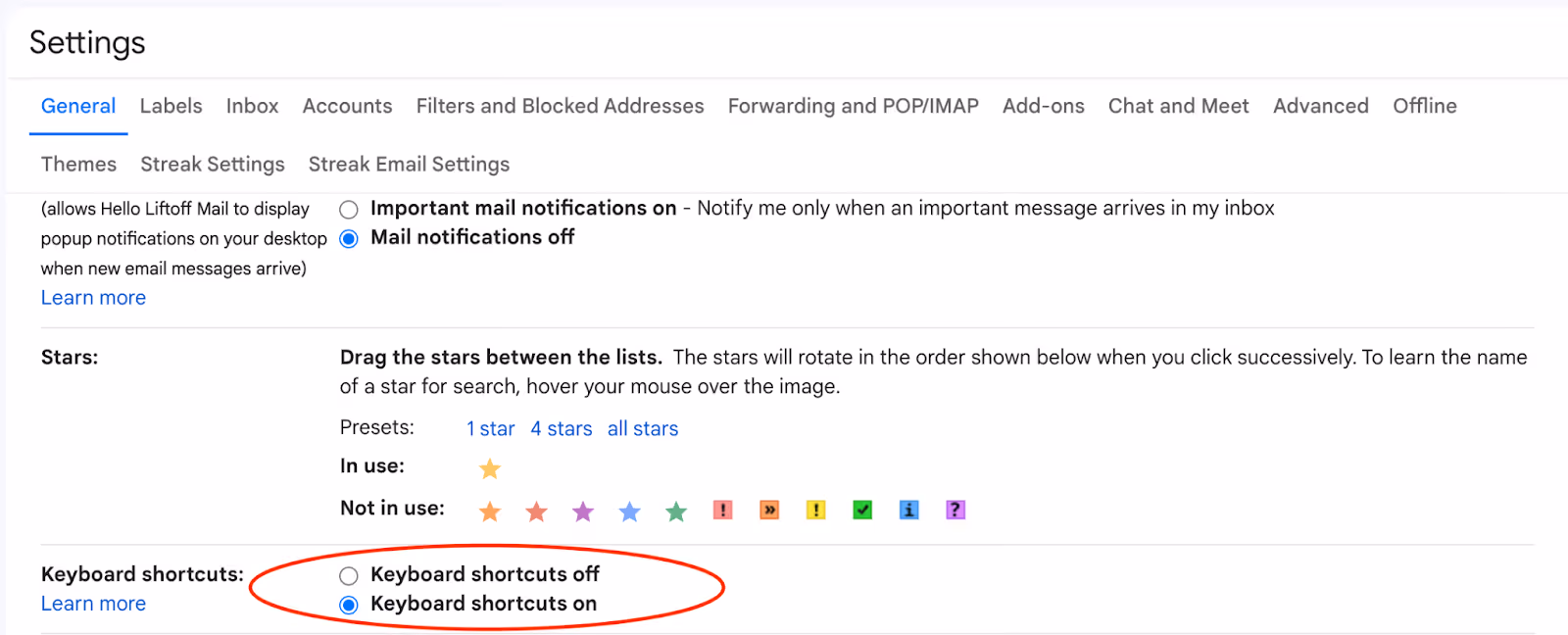 A screenshot of Gmail "Keyboard shortcuts on" section in the Settings
