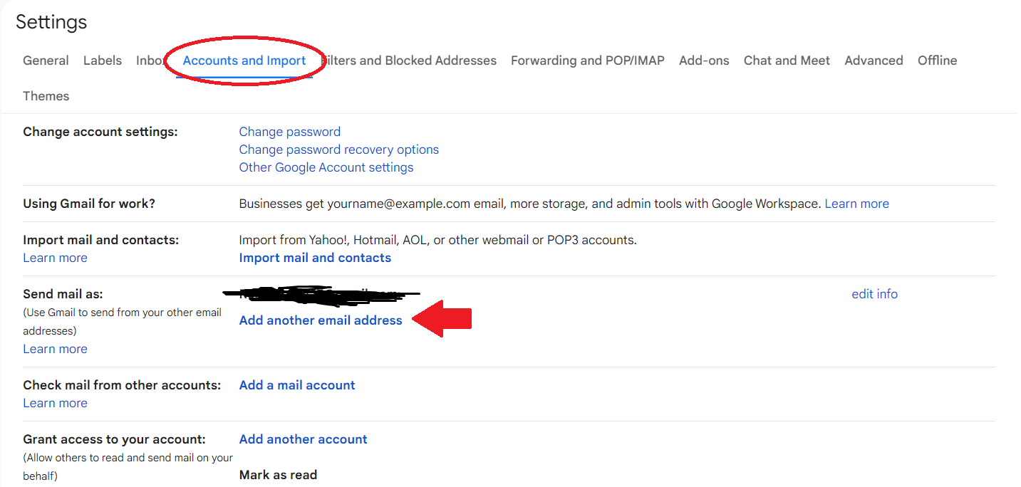 A screenshot inside the Accounts and Import tab in Gmail Settings