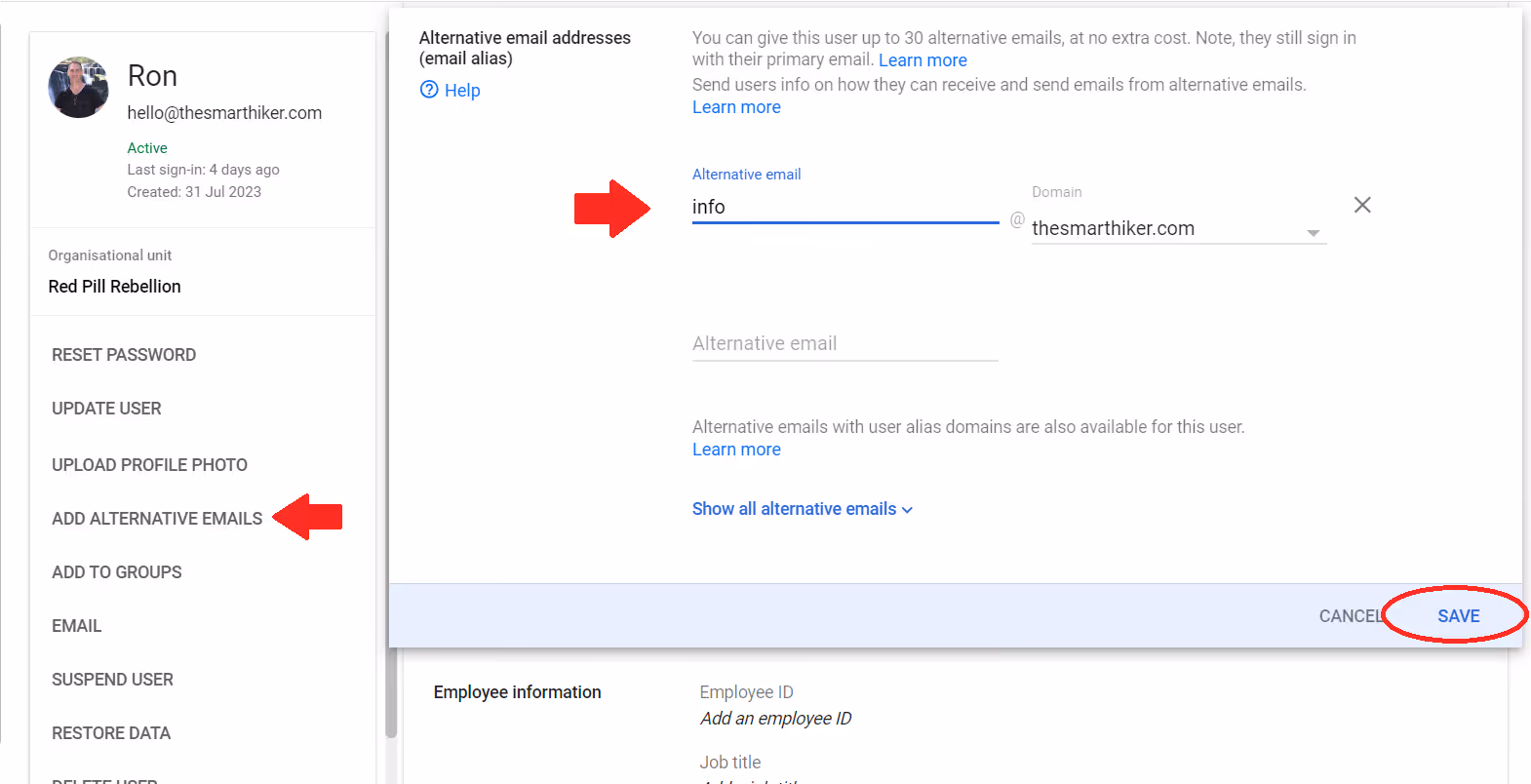 A screenshot of the User Information section in the Add Alternative Email section inside the ser's Directory in Google Admin Console