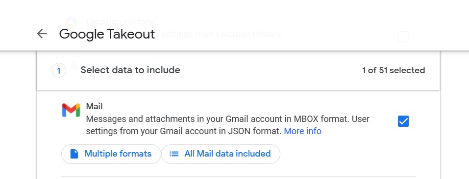 A screenshot of the Google Takeout UI that can be seen after clicking the Download your data section in Data & privacy