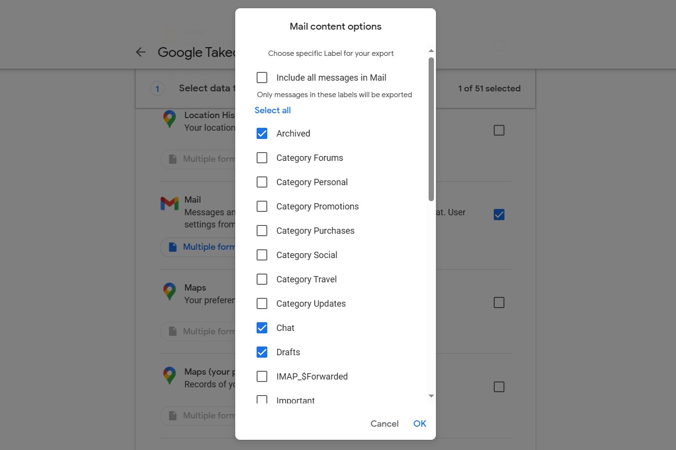 A screenshot of dozens of Google apps you can download data from in Google Takeout