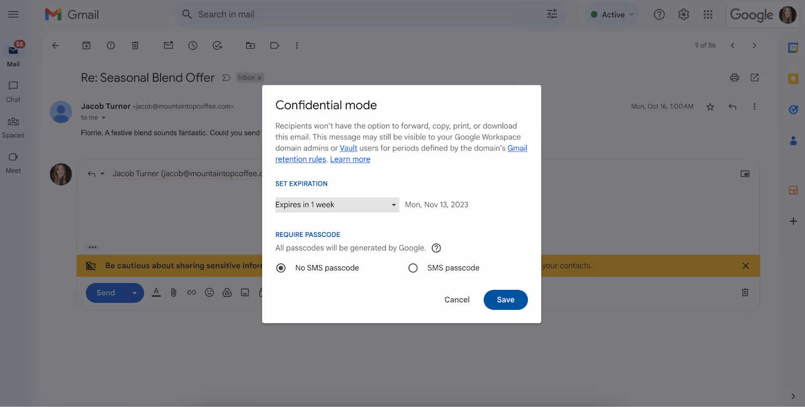 A screenshot of a pop-up window where you can configure your settings for confidential mode.