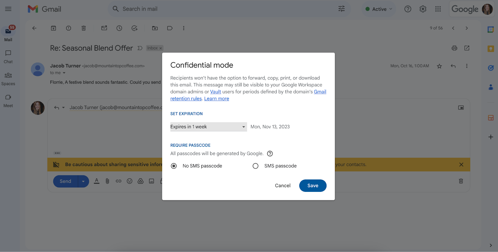 A screenshot of a pop-up window where you can configure your settings for confidential mode.